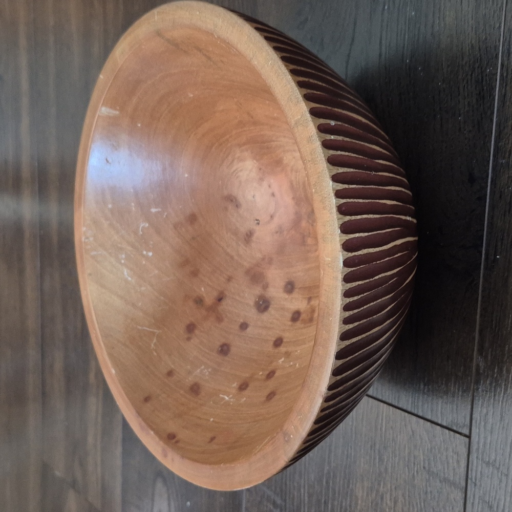 Wood bowl from Thailand, approx 10 x 4 1/2 inches by the Mandalay Box Company.